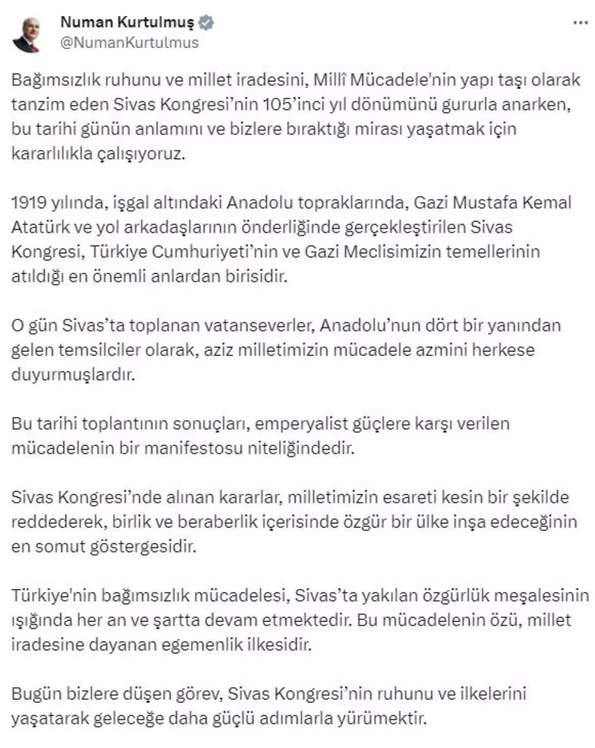 TBMM Başkanı Kurtulmuş’tan Sivas Kongresi’nin 105. Yıl Dönümü Mesajı